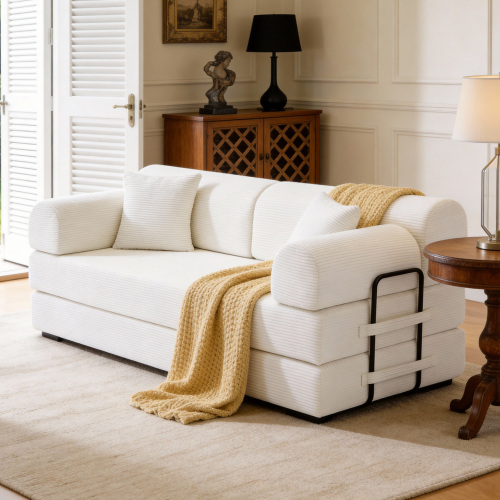 Beige 3-Seat Corduroy Convertible Sleeper Sofa with Foam Fill