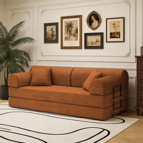 Orange 3-Seat Corduroy Convertible Sleeper Sofa with Foam Fill