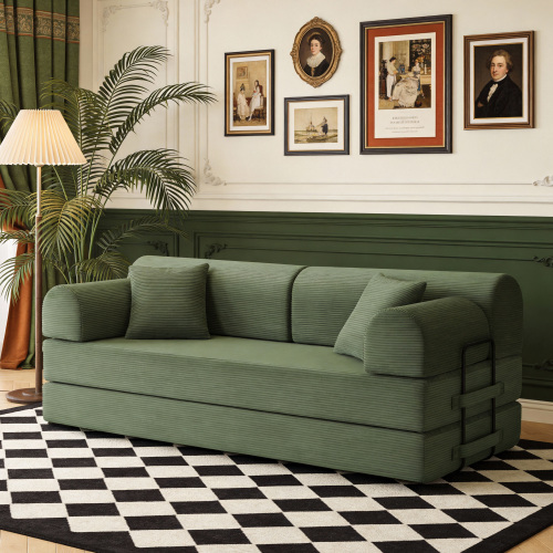 Grayish Green 3-Seat Corduroy Convertible Sleeper Sofa Bed