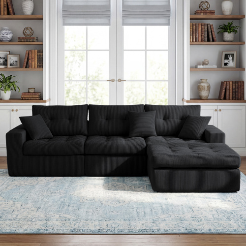 Black Corduroy 3-Seat L-Shaped Corner Chaise Convertible Sofa Bed