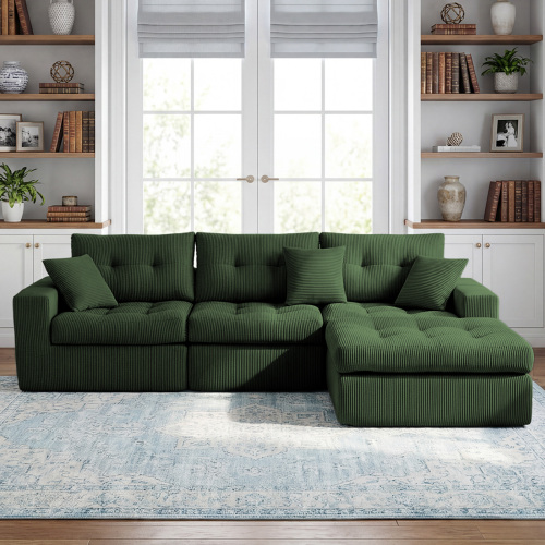 Green 3-Seat Corduroy L-Shaped Corner Chaise Convertible Sofa Bed