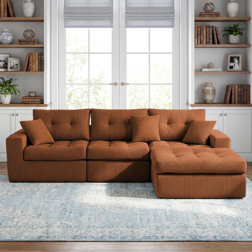 Orange 3-Seat Corduroy L-Shaped Sectional Chaise Sofa Bed