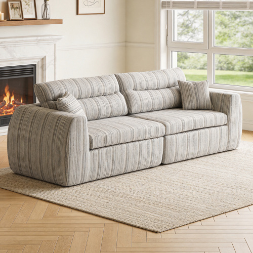 Modern 3-Seat Chenille Stripe Sofa in White and Taupe with Foam