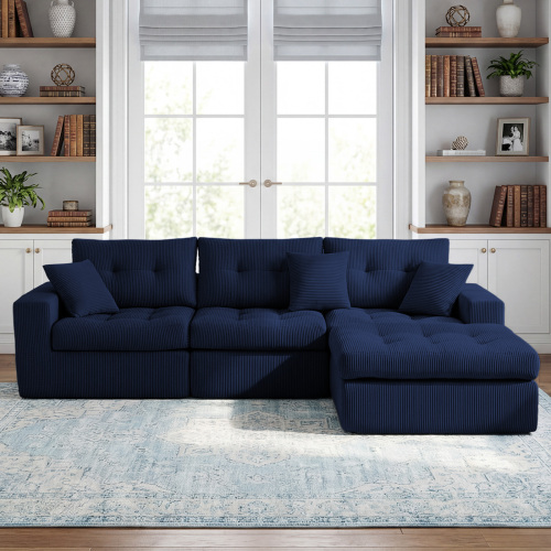 Blue 3-Seat Corduroy L-Shaped Corner Chaise Convertible Sofa Bed