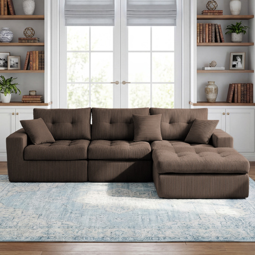 Brown Corduroy 3-Seat L-Shaped Corner Chaise Sleeper Sofa Bed