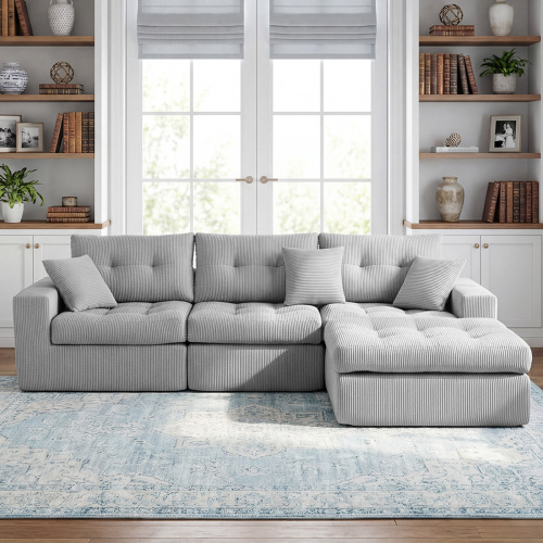 Light Gray 3-Seat Corduroy L-Shaped Chaise Sectional Sofa Bed