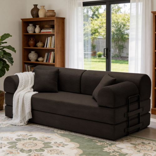 Brown 3-Seat Corduroy Convertible Sleeper Sofa with Foam Fill