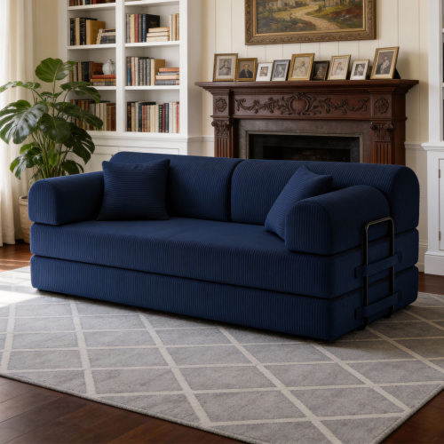 Blue 3-Seat Corduroy Convertible Sleeper Sofa with Foam Mattress