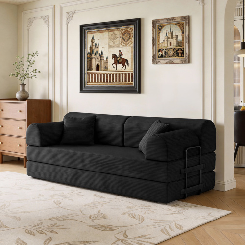 Black Corduroy Convertible Sleeper Sofa, 3-Seat Folding Floor Couch