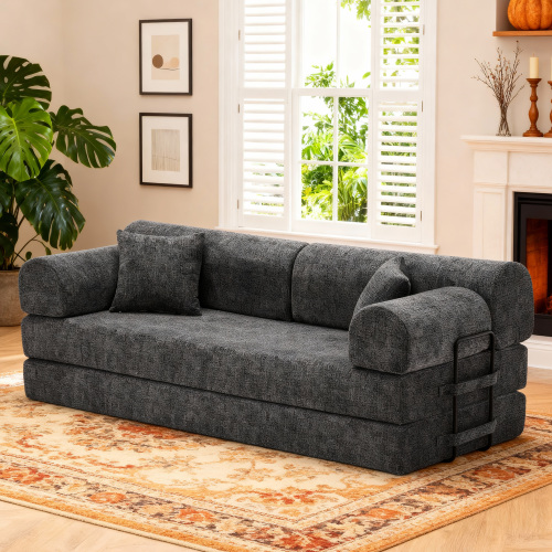 Speckled Black Boucle 3-Seat Convertible Floor Sleeper Sofa Bed