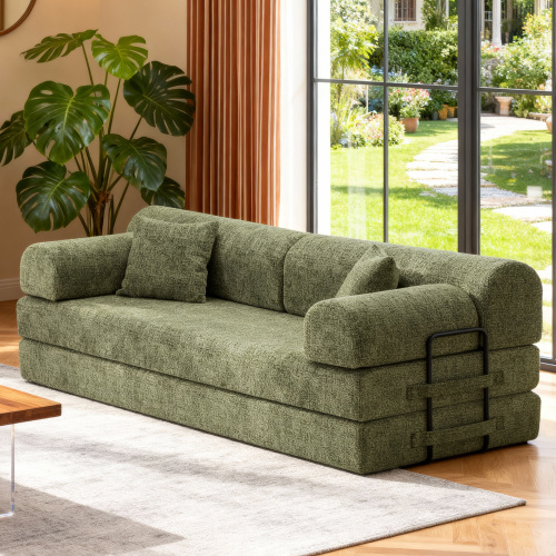 Moss Green Boucle 3-Seat Convertible Sleeper Sofa with Foam Mattress