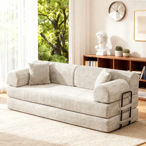 Light Camel Bouclé 3-Seat Convertible Sleeper Sofa with Foam Mattress