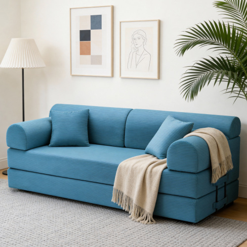 Light Blue 3-Seat Corduroy Convertible Sleeper Sofa with Foam Fill
