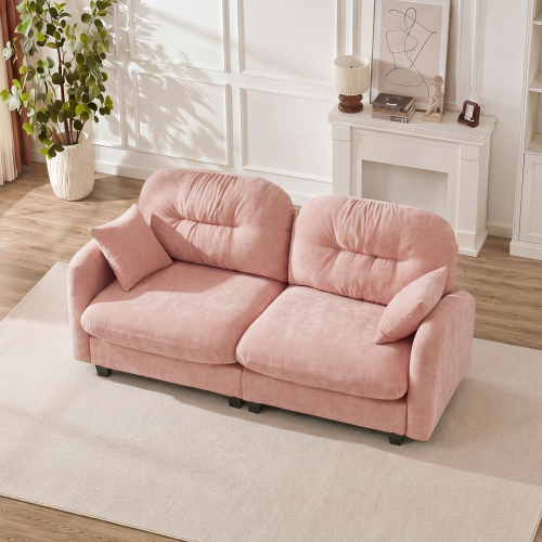 Pink Chenille Cloud-Style Sofa with Quilted Pleats and Wooden Base