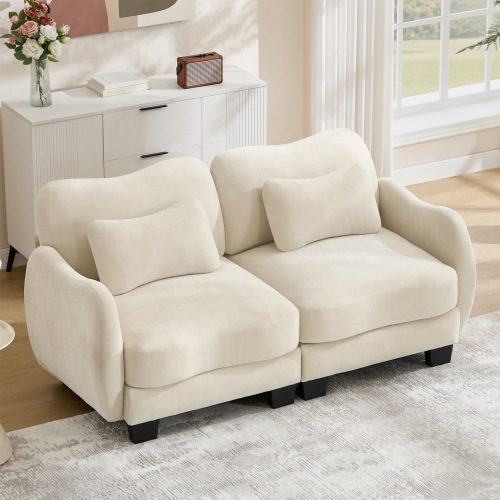 Beige Chenille 2-Seat Curved Loveseat Sofa with Waist Pillow