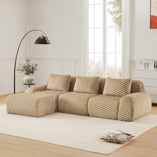 114-Inch Light Camel Flannelette 3-Seat Modular Sectional Sofa