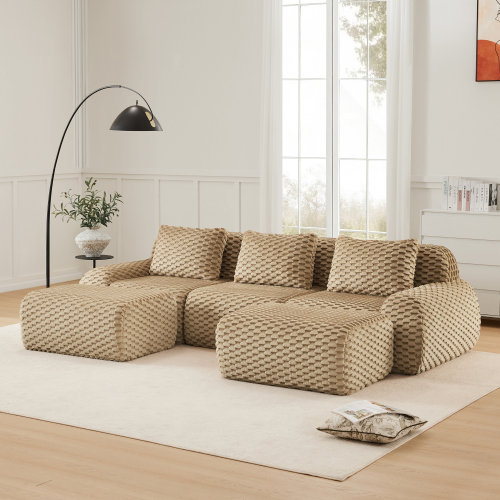 114-Inch Light Camel Flannelette 3-Seat U-Shaped Modular Sofa