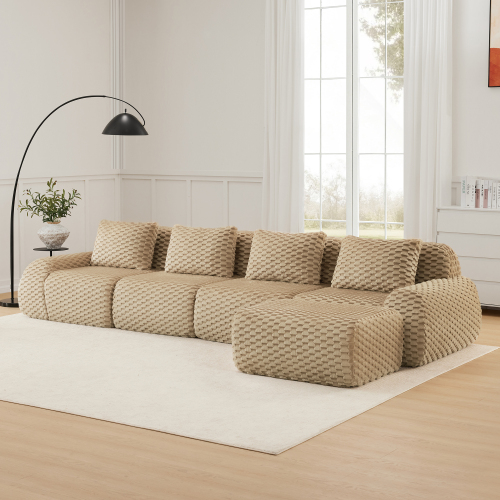 146-Inch Light Camel Flannelette 4-Seat L-Shaped Modular Sofa