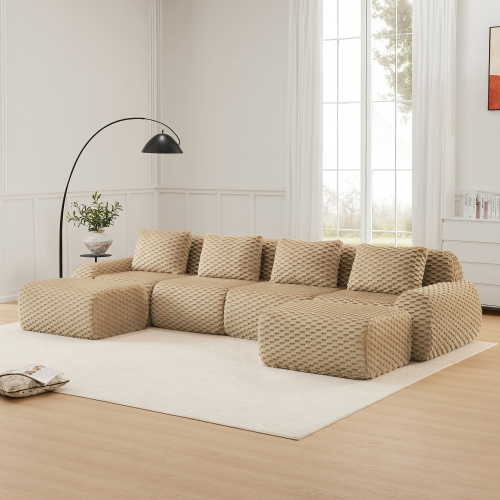 146-Inch Modern U-Shaped 4-Seat Flannelette Sofa, Light Camel