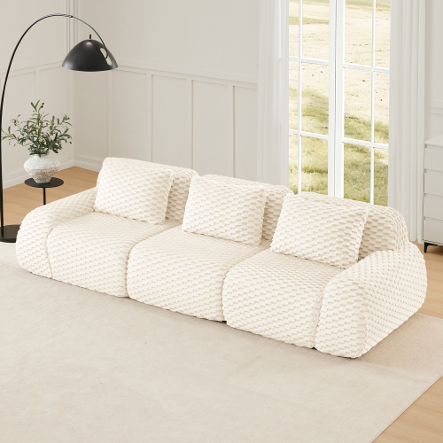 114-Inch Modern 3-Seat Flannelette Modular Sectional Sofa, Cream