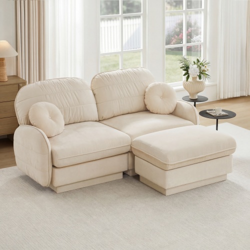 Cream Beige Chenille 2-Seat L-Shaped Loveseat with Movable Ottoman