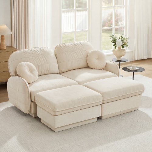 Cream Beige Chenille 2-Seat U-Shaped Loveseat Sofa with Movable Ottomans