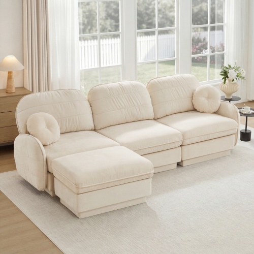 105-Inch Cream Beige Chenille 3-Seat L-Shaped Sofa with Ottoman