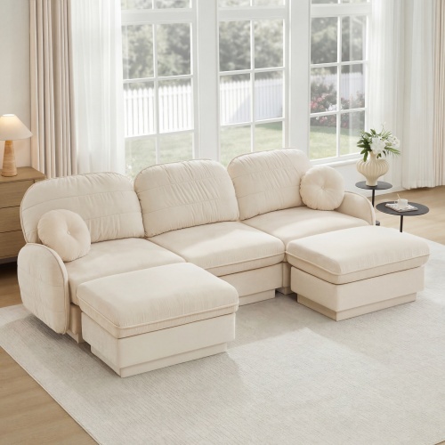 105-Inch Cream Beige Chenille U-Shaped Sofa with Movable Ottoman