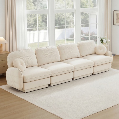 137-Inch Cream Beige Chenille Cloud Sofa with Deep 4-Seat Design