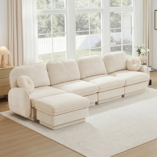 137-Inch 4-Seat Cream Beige Chenille L-Shaped Sofa with Ottoman