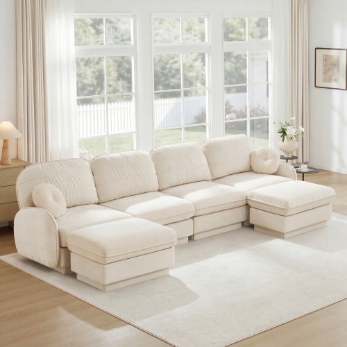 137-Inch Cream Beige Chenille U-Shaped Sofa with Movable Ottoman