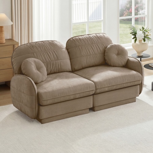 Light Coffee Chenille Cloud Loveseat with Round Pillows, 2 Seat