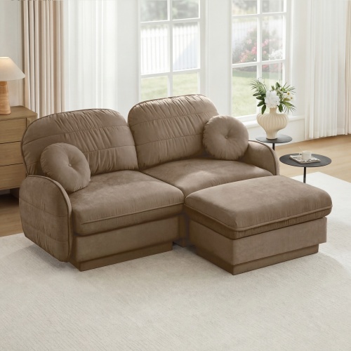Light Coffee Chenille 2-Seat L-Shaped Loveseat with Movable Ottoman