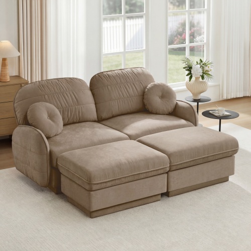 Light Coffee Chenille U-Shaped 2-Seat Loveseat with Ottomans