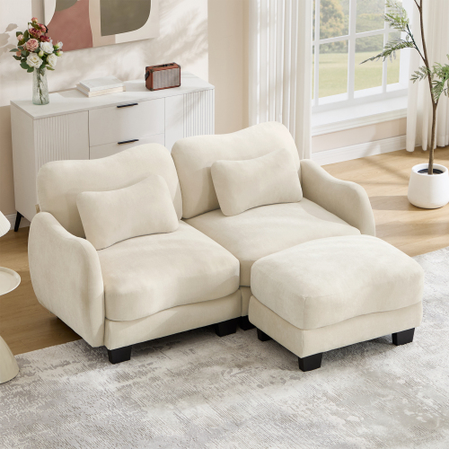 Beige Chenille 2-Seat L-Shaped Loveseat with Movable Ottoman