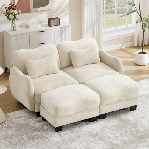 Beige Chenille 2-Seat Modular Loveseat Sofa with Movable Ottoman