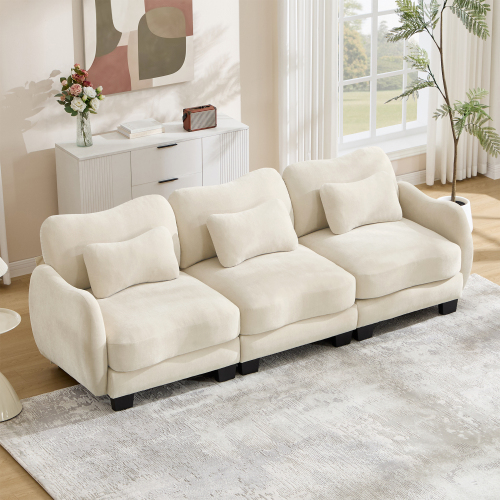 Beige Chenille 3-Seat Modular Sofa with Supportive Waist Pillow