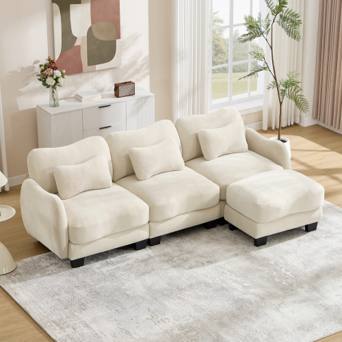 Beige Chenille L-Shaped 3-Seat Sectional Sofa with Movable Ottoman
