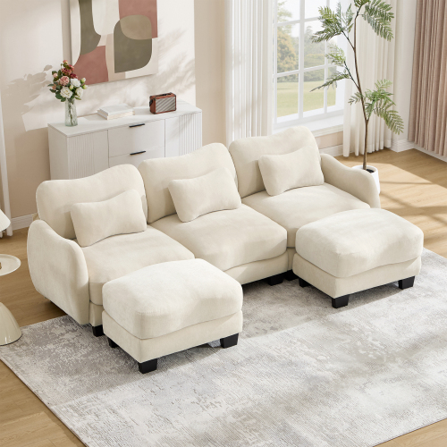 Beige Chenille U-Shaped 3-Seat Sofa with 2 Ottomans and 3 Pillows