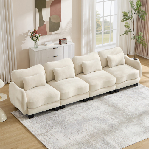 Beige Oversized Chenille 4-Seat Modular Sofa with Curved Design