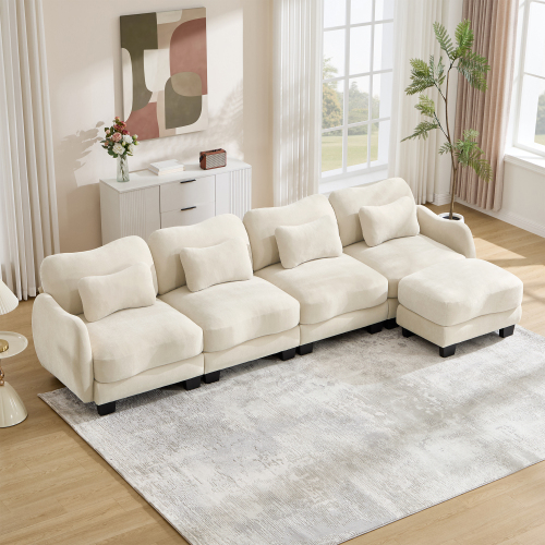 Oversized Beige Chenille 4-Seat L-Shaped Modular Sofa with Ottoman