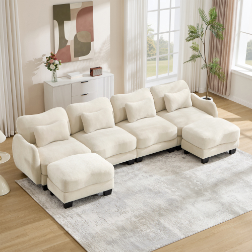 Beige Chenille 4-Seat U-Shaped Modular Sofa with Movable Ottomans