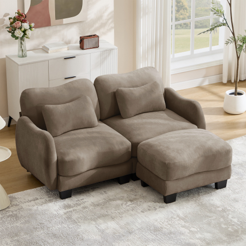 Coffee Chenille 2-Seat L-Shaped Loveseat with Ottoman and Waist Pillow