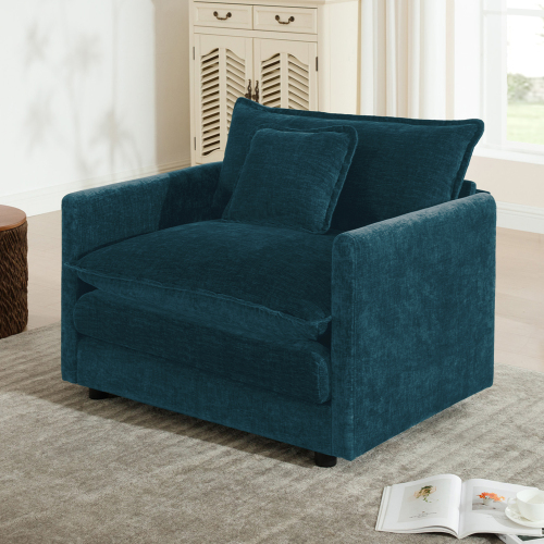 Blue Chenille Deep Single-Seat Sofa Chair with Toss Pillow for Living Room
