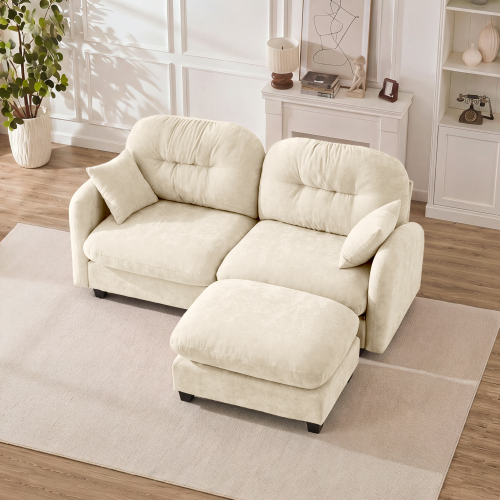 Beige 2-Seat L-Shaped Chenille Sectional Sofa with Quilted Ottoman