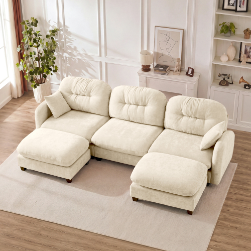 3-Seat Beige Chenille Modular U-Shaped Sectional Sofa with Ottoman