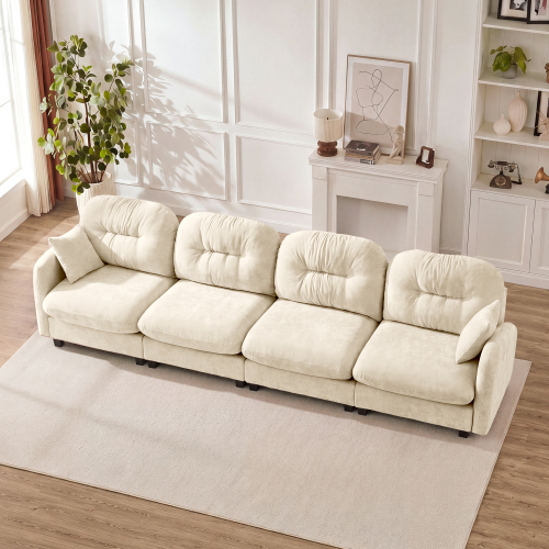 Beige 4-Seat Modular Sectional Sofa in Chenille with 2 Throw Pillows