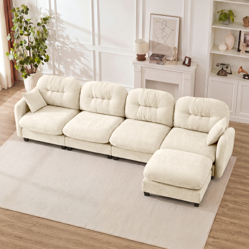 Beige 4-Seat Chenille Modular L-Shaped Sectional Sofa with Ottoman