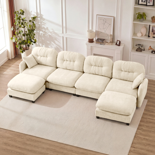 Beige 4-Seat Chenille U-Shaped Modular Sectional Sofa with Ottoman