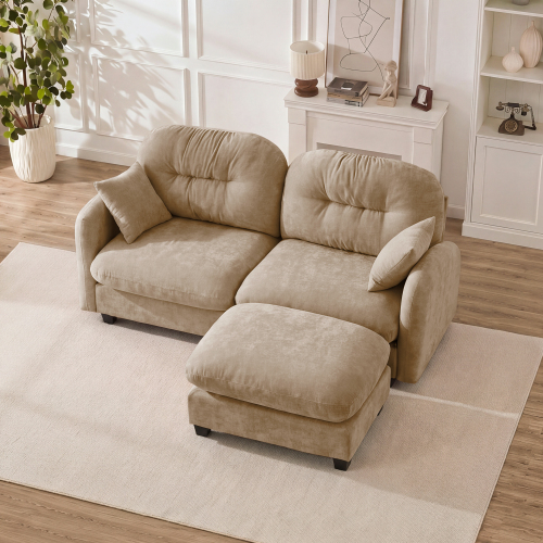 Camel Chenille 2-Seat Quilted L-Shaped Sectional Sofa with Ottoman